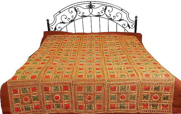 Copper-Brown Bedspread from Kutch with Embroidered Flowers and Mirrors