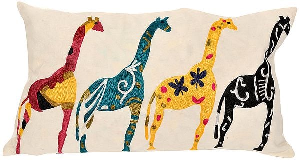 Ivory Pillow-Case with Embroidered Giraffes