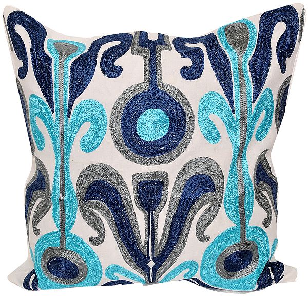 Icy-Blue Cushion Cover with Embroidered Motifs
