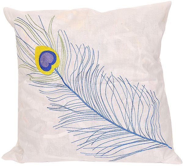 Bright-White Cushion Cover with Embroidered Peacock Feather