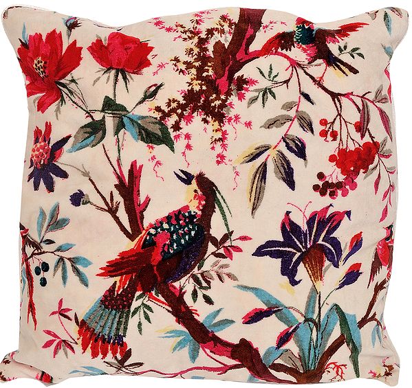 Egret-White Double-Sided Cushion Cover with Printed Sparrows and Foliage