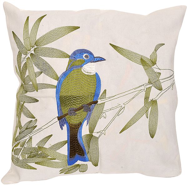 White Cushion Cover with Embroidered Sparrow