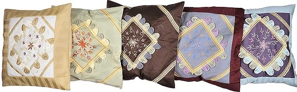 Lot of Five Cushion Cover with Floral Embroidery and Lace