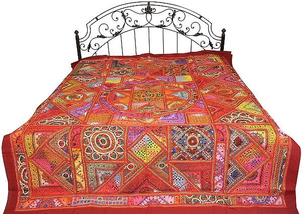 Multicolor Mandala Bedspread from Kutch with Patchwork and Mirrors