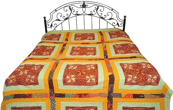 Russet-Brown Kantha Stitched Bedspread from Kutch with Patchwork