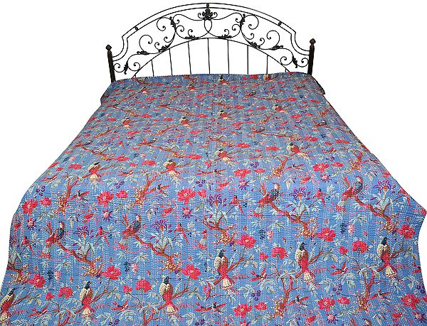 Bedcover from Jodhpur with Printed Sparrows and Kantha Stitch All-Over