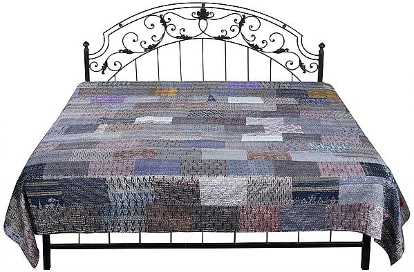 Paloma-Gray Bedspread from Gujarat with Patch Work and Kantha Straight Stitch
