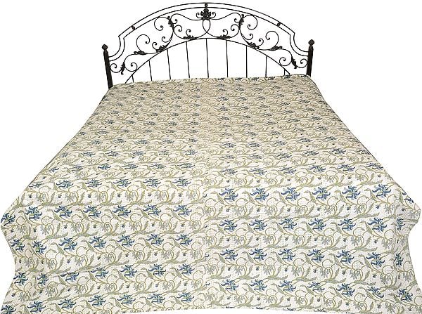 Bedcover from Jodhpur with Printed Flowers and Kantha Straight Stitch