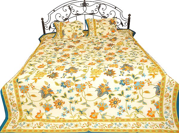 Bedspread from Sanganer with Printed Flowers and Leaves