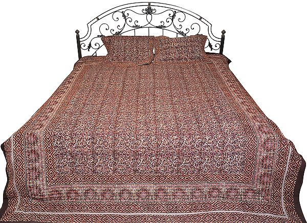 Bitter-Chocolate Floral Printed Bedspread from Sanganer