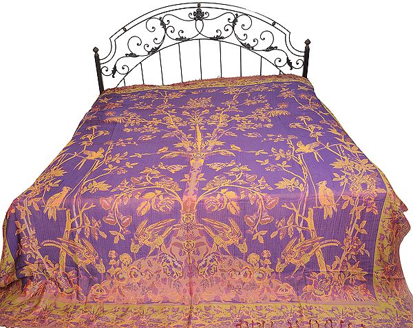Patrician-Purple Reversible Jamawar Bedspread with Woven Tree of Life