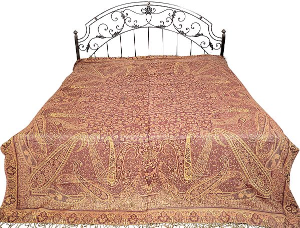 Chocolate-Truffle Reversible Jamawar Bedspread from Kashmir with Woven Paisleys