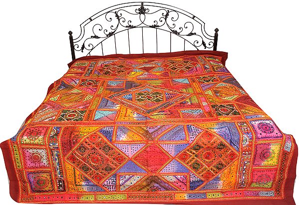 Multicolor Antiquated Bedspread from Kutch with Embroidered Patches and Mirrors