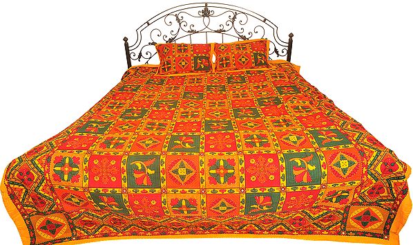 Multicolor Sanganeri Bedspread with Printed Flowers and Kantha Stitch