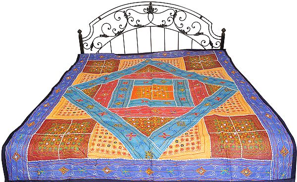 Multicolor Bedspread from Kutch with Patchwork and Embroidered Mirrors