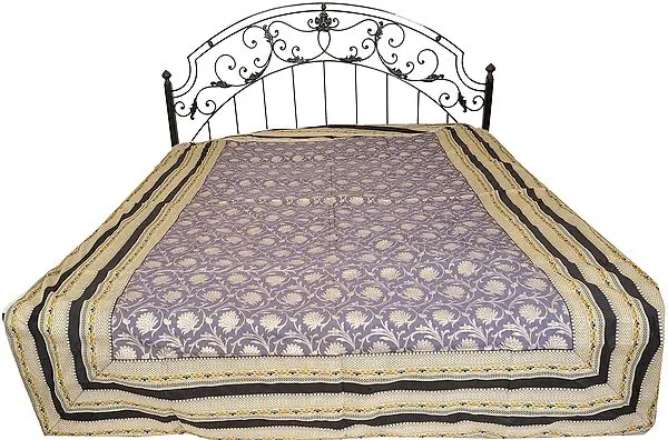 Excalibur-Gray Single-Bed Bedspread from Banaras with Woven Lotuses