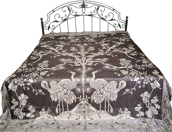 Black and Gray Reversible Super-Silk Jamawar Bedspread with Woven Tree of Life