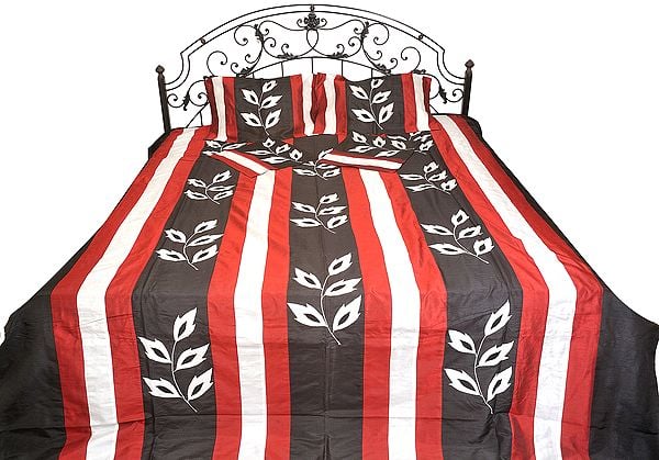Black and Red Five-Piece Bedspread with Applique Leaves