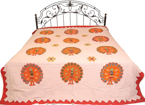 Violet-Ice Stonewashed Bedspread from Jaipur with Applique Dancing Peacocks