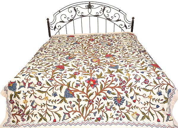 Ivory Bedspread from Kashmir with Floral Ari Hand-Embroidery All-Over