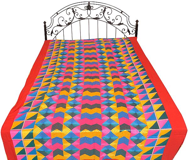 Multicolor Phulkari Embroidered Single Bedcover from Punjab with Geometrical Designs