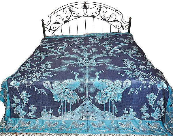 Insignia-Blue Reversible Super-Silk Jamawar Bedspread with Woven Tree of Life