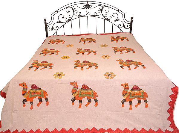 Violet-Ice Stonewashed Bedspread from Jaipur with Applique Camels