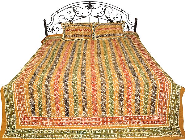 Honey-Yellow Bedspread from Sanganer with Block-Printed Flowers and Stripes
