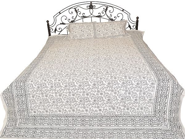 Egret-White Bedspread from Jaipur with Printed-Flowers All-Over