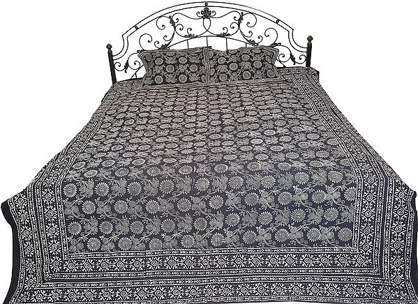 Jet-Black Bedspread from Jaipur with Floral Print