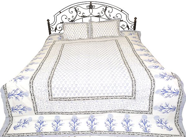 Bright-White Bedspread from Jaipur with Printed Bootis and Flowers