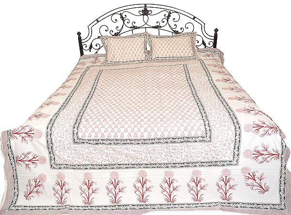 Bright-White Bedspread from Jaipur with Printed Bootis and Flowers