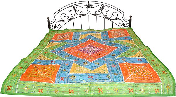 Green and Blue Embroidered Bedspread from Kutch with Patchwork and Mirrors