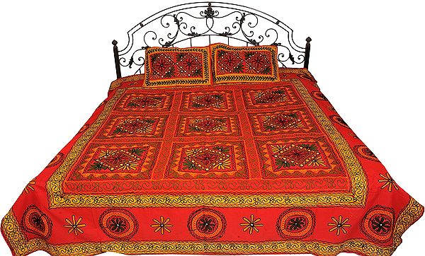 Bedspread from Gujarat with Embroidered Flowers and Mirrors