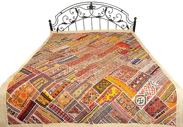 Alabaster-Gleam Rabari Embroidered Bedcover from Sindh with Patchwork and Mirrors