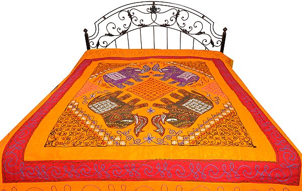 Embroidered Bedspread from Gujarat with Applique Elephants and Sequins
