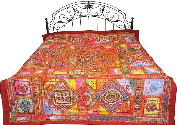 Multicolor Giant Mandala Bedspread from Kutch with Embroidered Patches and Mirrors