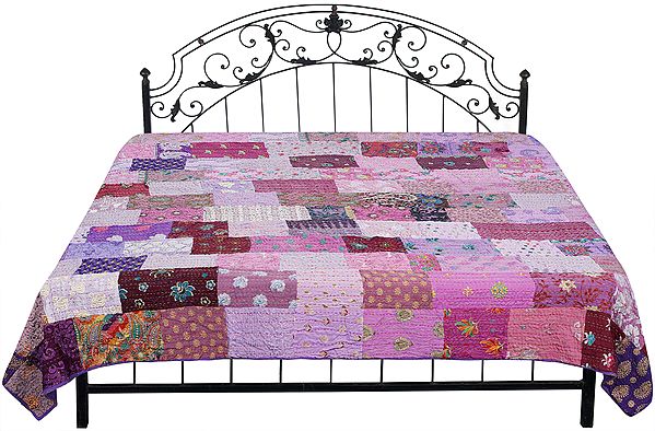 Orchid-Bloom Kantha Embroidered Bedspread Embellished with Crystals and Floral Patch Work