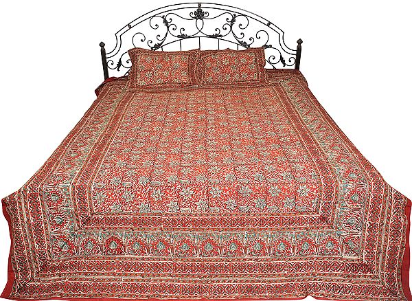 Tandori-Spice Bedspread from Sanganer with Printed Flowers