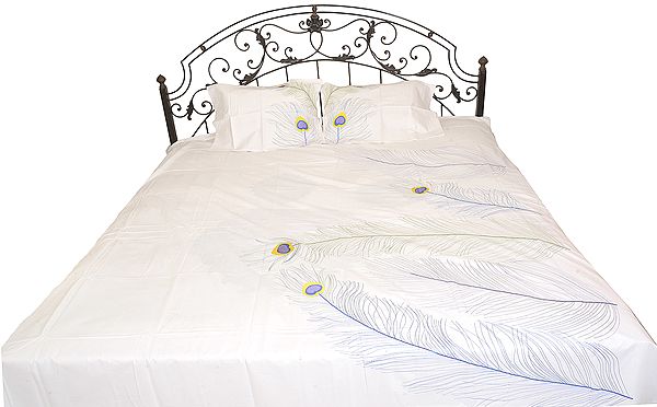 Snow-White Plain Bedspread with Embroidered Peacock Feathers