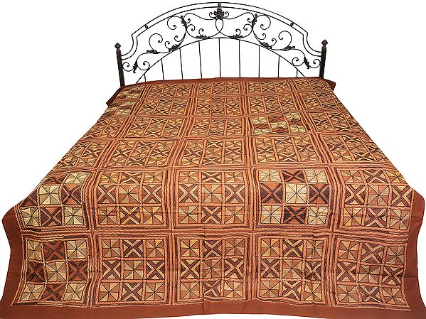 Rustic-Brown Bedspread from Kutch with Geometrical Embroidery by Hand