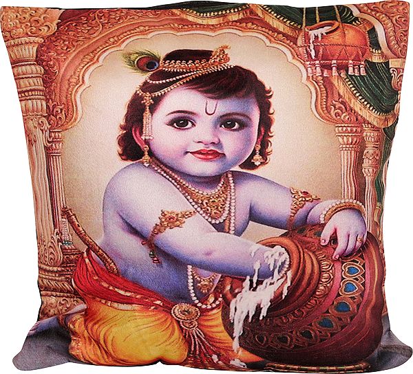 Cushion Cover from Gujarat with Digital-Printed Butter Krishna