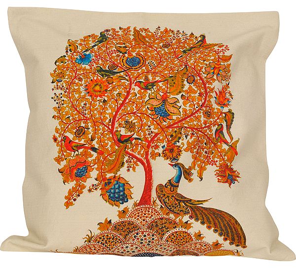 Cloud-Cream Cushion Cover from Jaipur with Printed Tree of Life