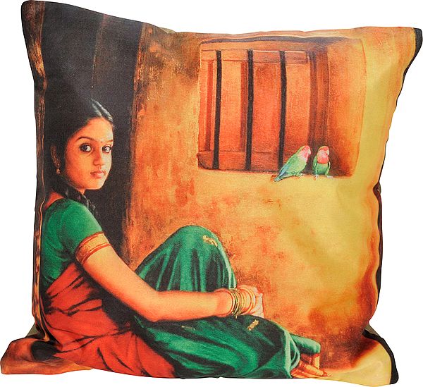 Cushion Cover with Digital-Printed Portrait of a Young Lady