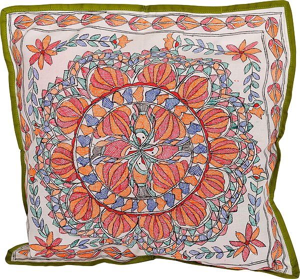 Bright-White Madhubani Hand-Painted Cushion Cover from Bihar
