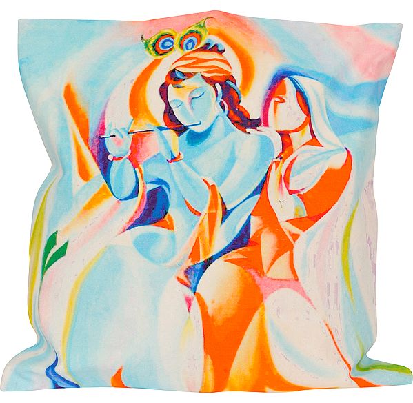Multicolor Digital-Printed Cushion Cover from Jaipur with Radha Krishna