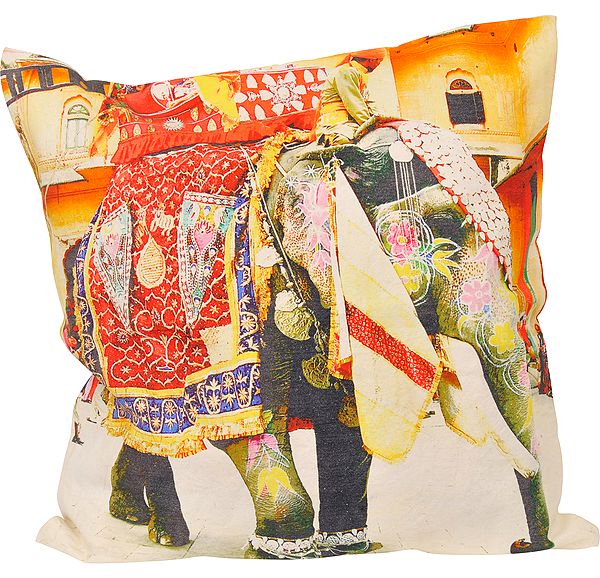 Multicolor Cushion Cover from Jaipur with Digital-Printed Royal Elephant