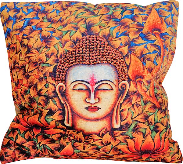 Multicolor Cushion Cover from Gujarat with Digital-Printed Lord Buddha