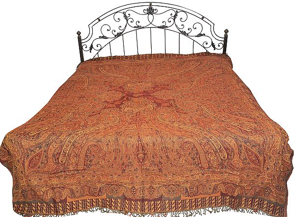 Apple-Butter Reversible Jamawar Bedspread from Amritsar with Woven Paisleys