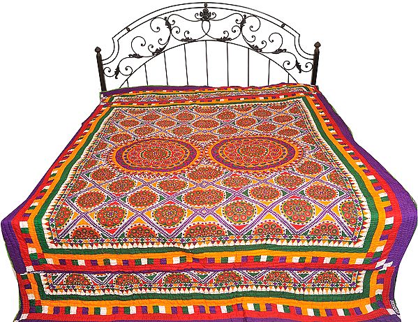 Multicolor Bedcover from Jodhpur with Printed Chakras and Kantha Stitch